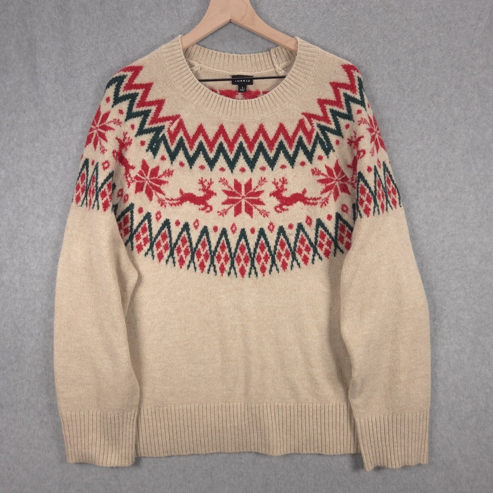 Torrid Womens Size 1 / XL Ivory Fair Isle Reindeer Christmas Holiday Sweater